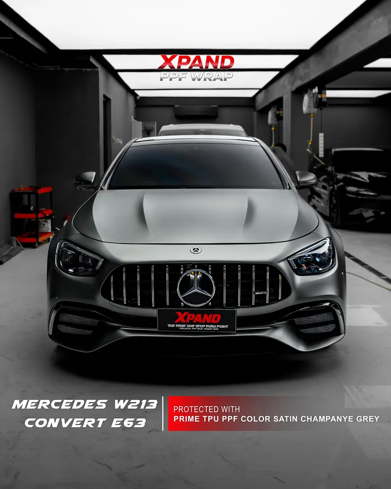 Mercedes-Benz E63 W213 konversi widebody dengan PRIME TPU Color PPF Satin Champagne Grey